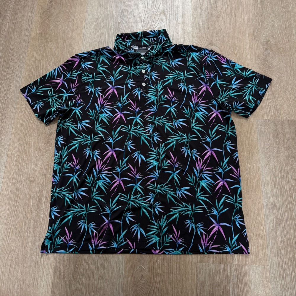 Sunday Swagger Bamboo Leaf Golf Polo Mens 2XL‎ Black Blue Teal Tropical Stretch